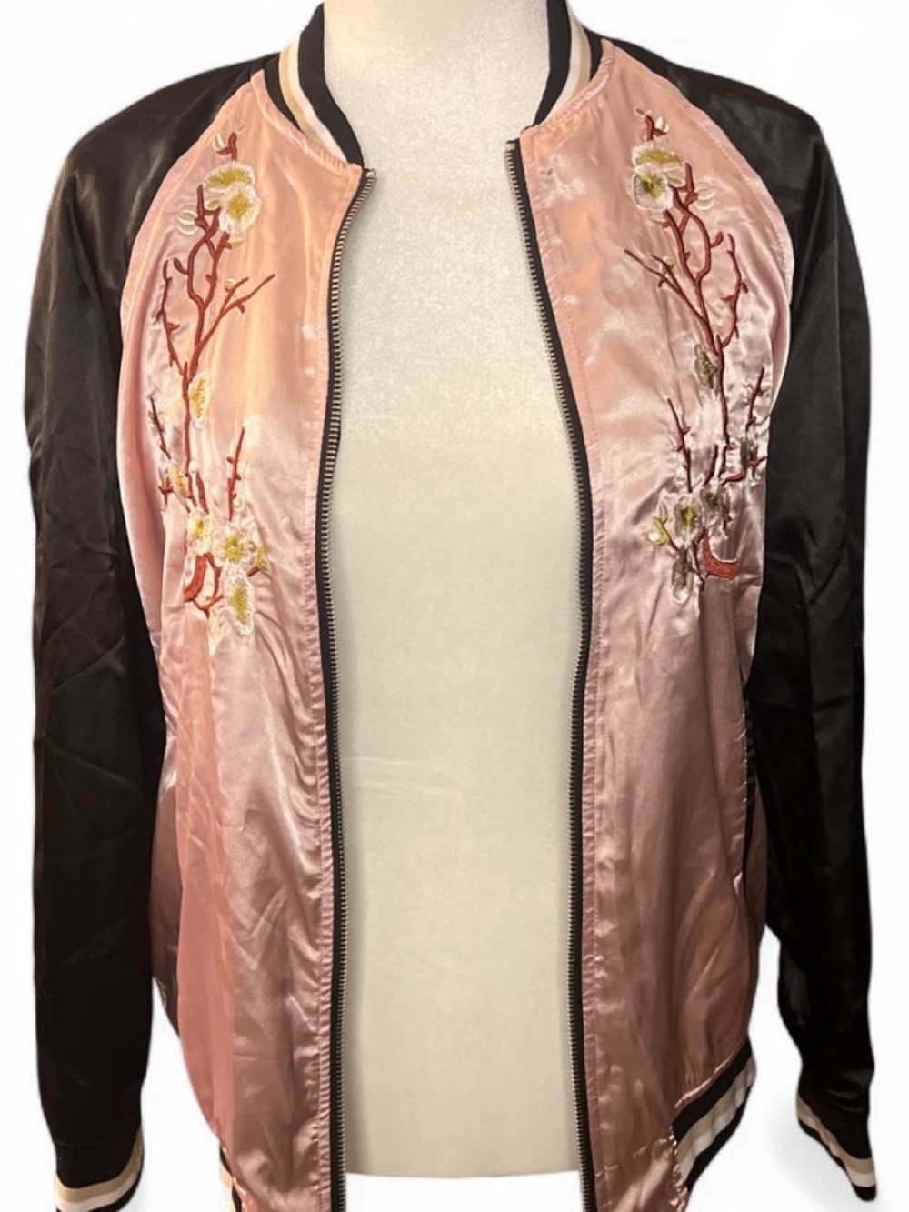 Francesca’s Anna Cai  Pink Embroidered Satin Bomber Jacket
